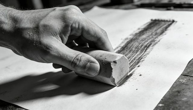 Hand pressing charcoal block across paper creating bold graphite stroke in monochrome