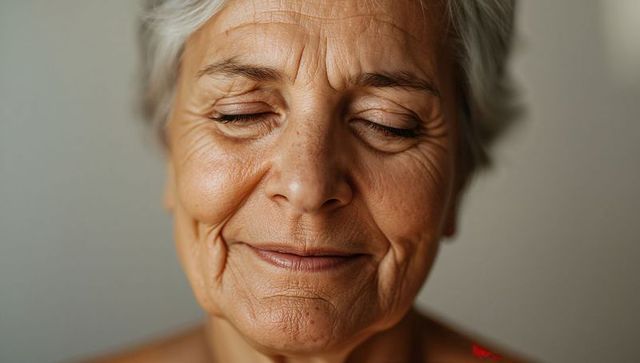 Gently smiling senior woman with closed eyes showing peaceful skin and natural wrinkles
