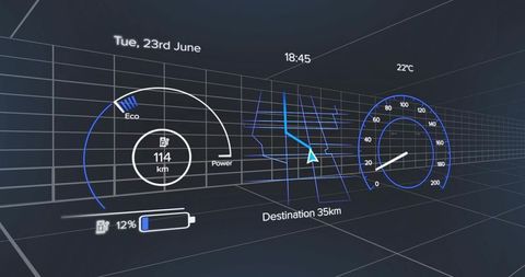 Futuristic vehicle hud projecting holographic navigation, range and speed on 3d grid