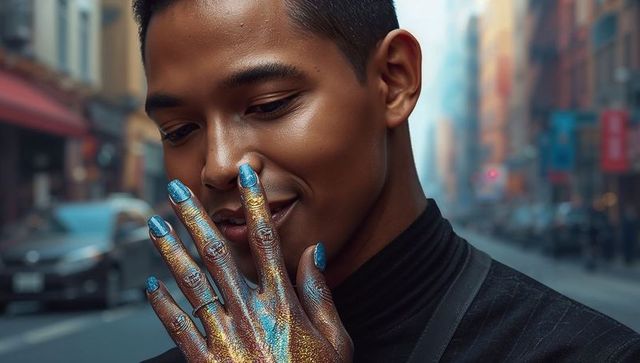 Man holding iridescent gold-blue painted hand to mouth while looking down on urban street