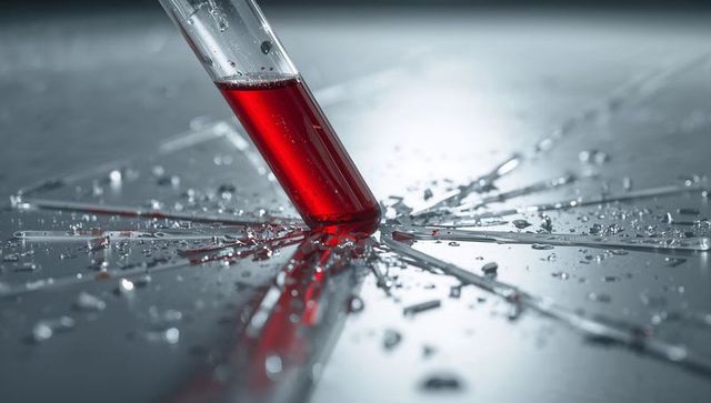 Tilting test tube spilling bright red liquid across shattered laboratory glass surface