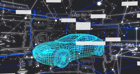 Cyan wireframe sports car model hovering in virtual 3d data lab with glowing nodes