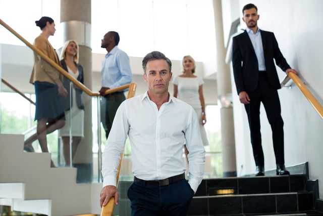 Business executives walking down stairs at a conference center, showcasing a professional and corporate environment. Ideal for use in business-related content, corporate websites, presentations, and marketing materials highlighting teamwork, leadership, and professional settings.