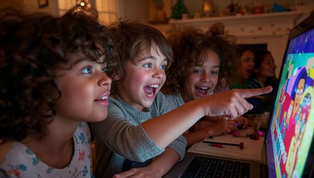 Excited Children Collaborating on Laptop During Festive Season