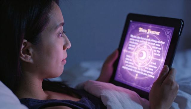 Woman reading purple mystic tablet in bed at night, glowing occult diagram