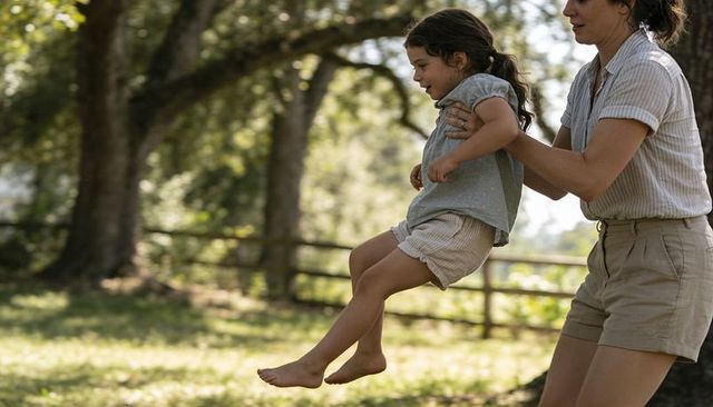 Mother lifting barefoot daughter in sunlit backyard, playful family bonding summer moment