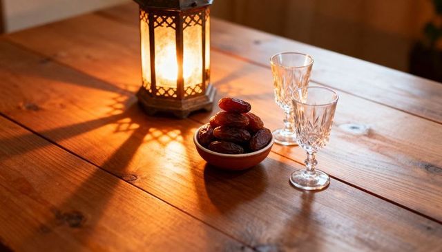 Lantern casting warm light over bowl of dates and crystal glasses on rustic wooden table