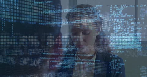Businesswoman Analyzing Digital Data with Code Overlay