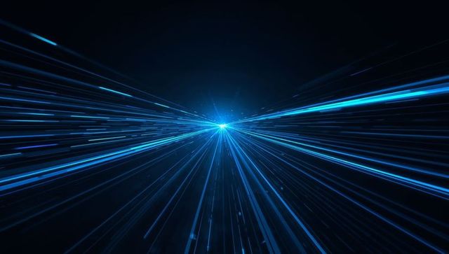 Cyan core radiating neon light rays streaming through deep space tunnel of motion