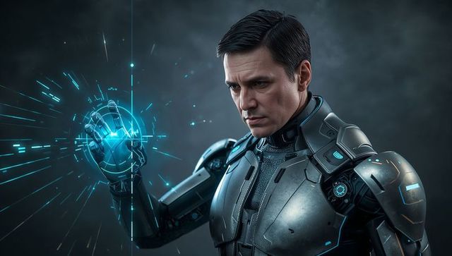 Cybernetic operative examining holographic blue orb while manipulating exosuit gauntlet
