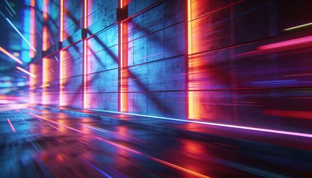 Glowing neon corridor stretching toward vanishing point, reflective floor, futuristic motion