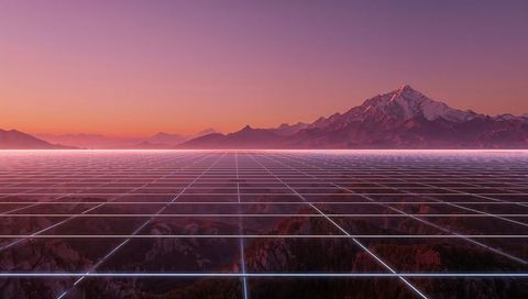 Neon Grid Extending Over Mountain Valley at Sunset Synthwave Retro Futurism Landscape