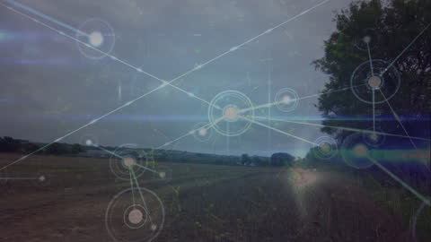 Digital Connections Overlay on Rural Countryside Landscape