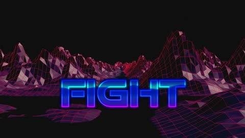 Retro Neon Fight Text in Digital Grid Landscape