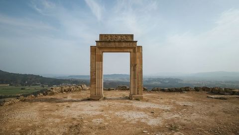 Carved Stone Doorway Framing Distant Countryside on Rocky Plateau with Ornamental Lintel