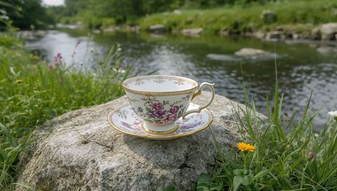 Vintage floral porcelain teacup and saucer on riverside rock among meadow wildflowers