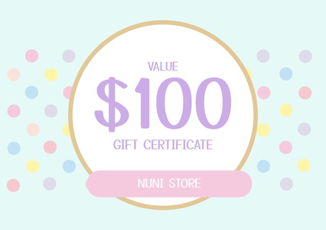 A vibrant and inviting $100 gift certificate features playful pastel dots and a golden seal. Ideal for sending as a gift, using in promotions, rewarding winners, or enhancing celebrations with a touch of joy. Perfect to use in marketing campaigns, social media promotions, e-newsletters, and online sales events.