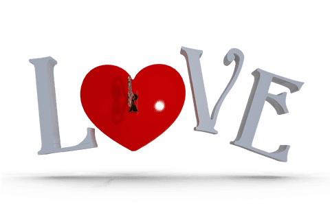 Love Word Text in Gray with Key to Red Heart on Transparent Background