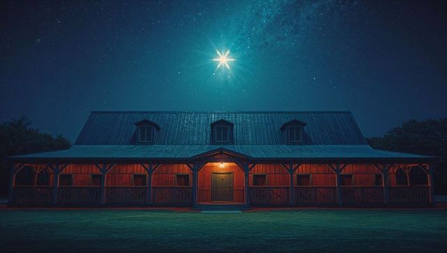 Stunning lodge exterior under starry night sky with bright star