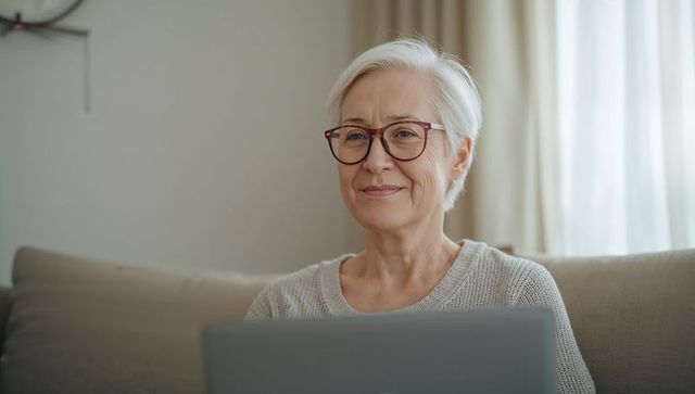 Mature woman working remotely on laptop in cozy living room with soft natural light