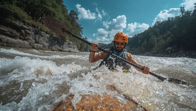 Paddling kayaker charging through whitewater rapids in rugged river canyon