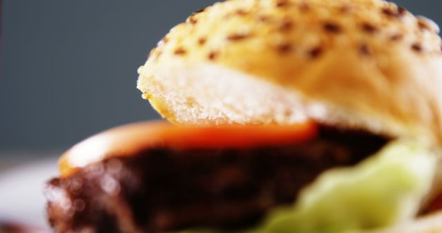 Close-up of Juicy Burger with Fresh Toppings and Seeded Bun - Download Free Stock Images Pikwizard.com