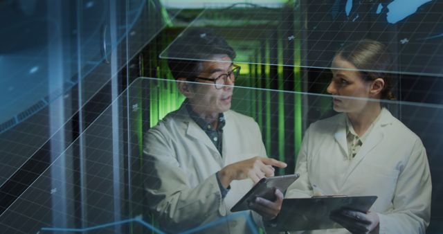 Two Scientists Discussing Research Data in Server Room with Digital Graph Overlay - Download Free Stock Images Pikwizard.com