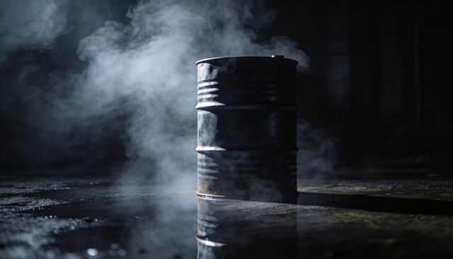 Rusted steel barrel reflecting in puddle releasing steam in abandoned industrial warehouse