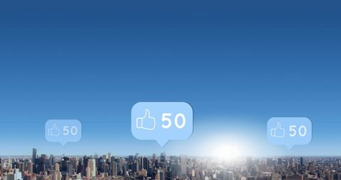 City Skyline with Social Media Likes Overlay Increasing 4K