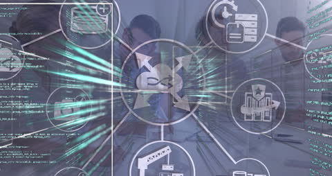 Digital Interface Overlay on Business Discussion in Modern Office