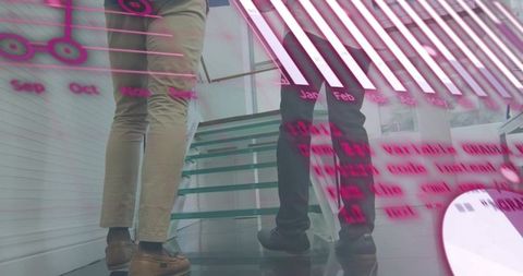 Two colleagues walking up glass staircase with pink data overlay conveying career growth
