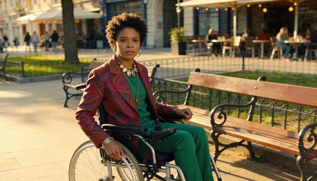Woman sitting in wheelchair at sunny city plaza wearing patterned blazer and gold jewelry