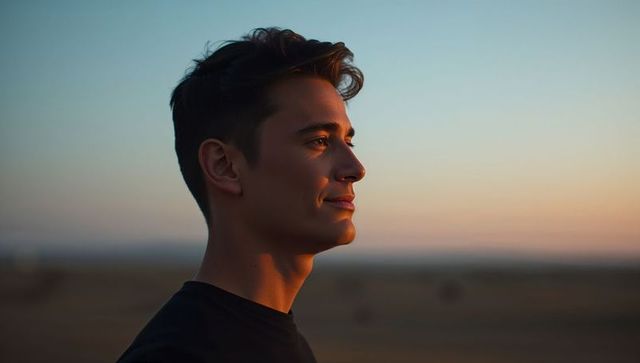 Young man gazing at sunset horizon calm profile portrait golden hour introspection