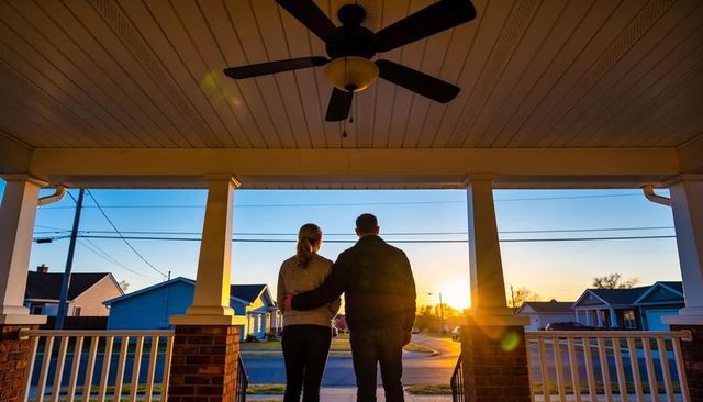 Couple embracing on front porch watching sunset over quiet suburban street