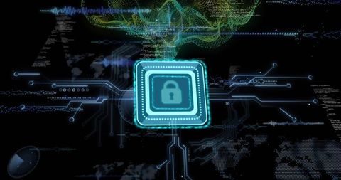 Neon cyber security chip showing padlock hologram, sending circuits, encrypting data
