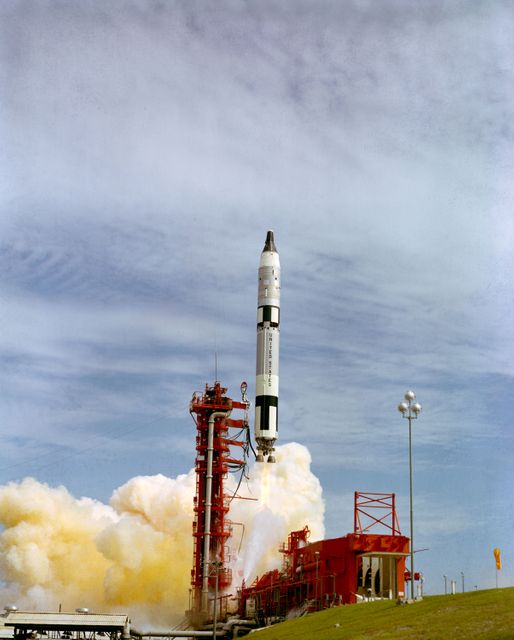 S66-53900 (12 Sept. 1966) --- The Gemini-11 spacecraft, carrying astronauts Charles Conrad Jr., command pilot, and Richard F. Gordon Jr., pilot, was successfully launched by the National Aeronautics and Space Administration from the Kennedy Space Center's Launch Complex 19 at 9:42 a.m. (EST), Sept. 12, 1966. Photo credit: NASA