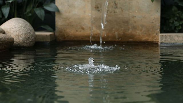 Garden fountain splash crown forming in reflecting stone basin closeup