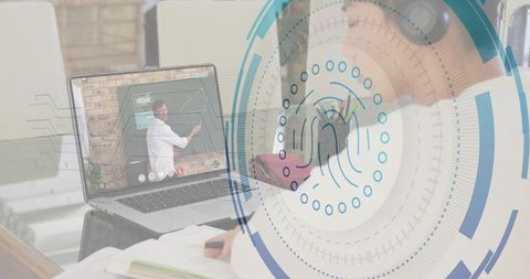 Korean student with headphones taking notes during remote learning with laptop UI overlay
