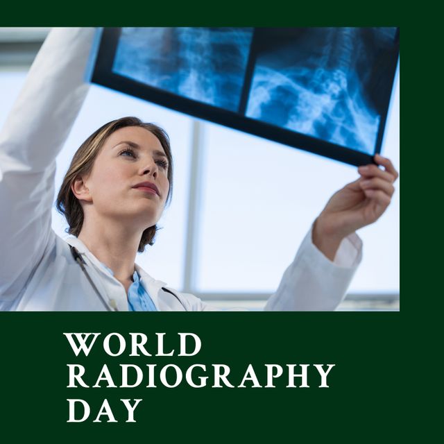 Composition of world radiography day text over caucasian female doctor with xray. World radiography day and celebration concept digitally generated image.