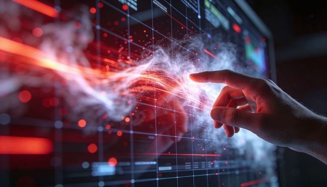 Hand touching holographic touchscreen grid creating red-white particle stream for AI visualization