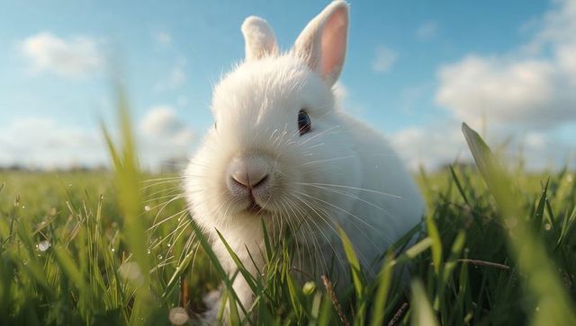 Fluffy white rabbit sitting in dewy grass, backlit fur and twitching whiskers