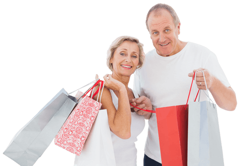 Cheerful Caucasian Couple Shopping with Bags Isolated on Transparent Background