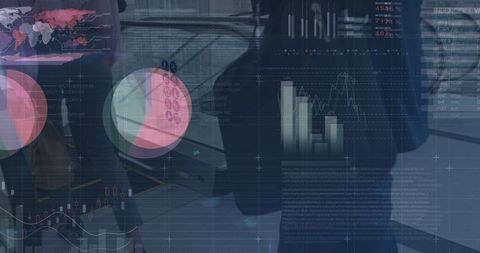 Digitally Beamed Financial Charts Over Businessman on Moving Escalator - Download Free Stock Images Pikwizard.com
