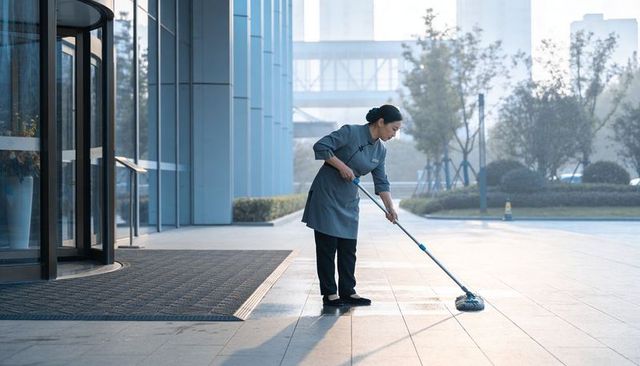 Uniformed cleaner mopping office building plaza outside modern glass facade