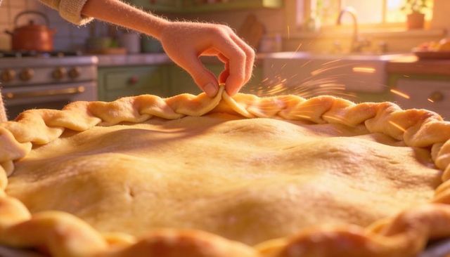 Hand crimping braided golden pie crust on rustic kitchen counter in warm morning sunlight