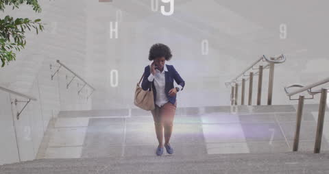 Dynamic Businesswoman in Motion with Digital Overlay Effect