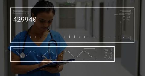 Nurse writing with clipboard and stethoscope in hospital corridor with futuristic hud overlay