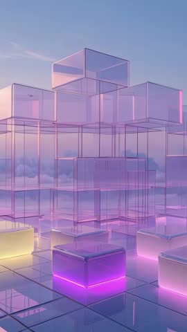 Vertical video neon-glowing glass cubes rising and pulsing above clouds at dawn