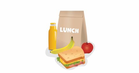 School lunch bag with sandwich and fruit illustration