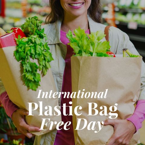 smiling woman holding paper bags on plastic bag free day - Download Free Stock Templates Pikwizard.com
